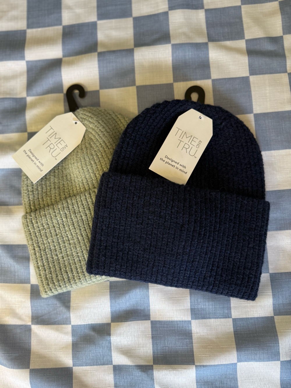 Time and Tru Ribbed Knit Beanie Set - Sage & Navy